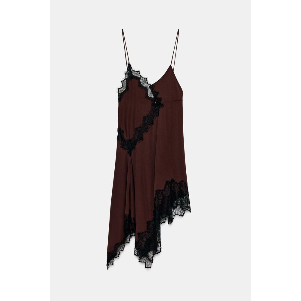 NWT Zara Asymmetric Lace Slip Dress Brown Black Size S Sold Out